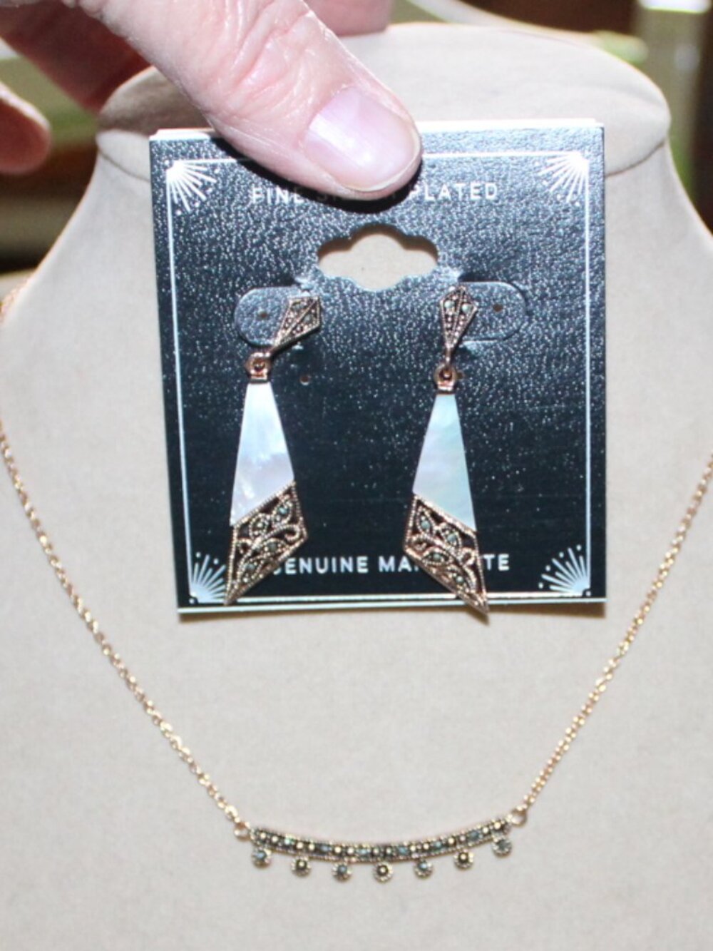 NWT Genuine Marcasite necklace/mother of pearl earrings set. VINTAGE LOOK!